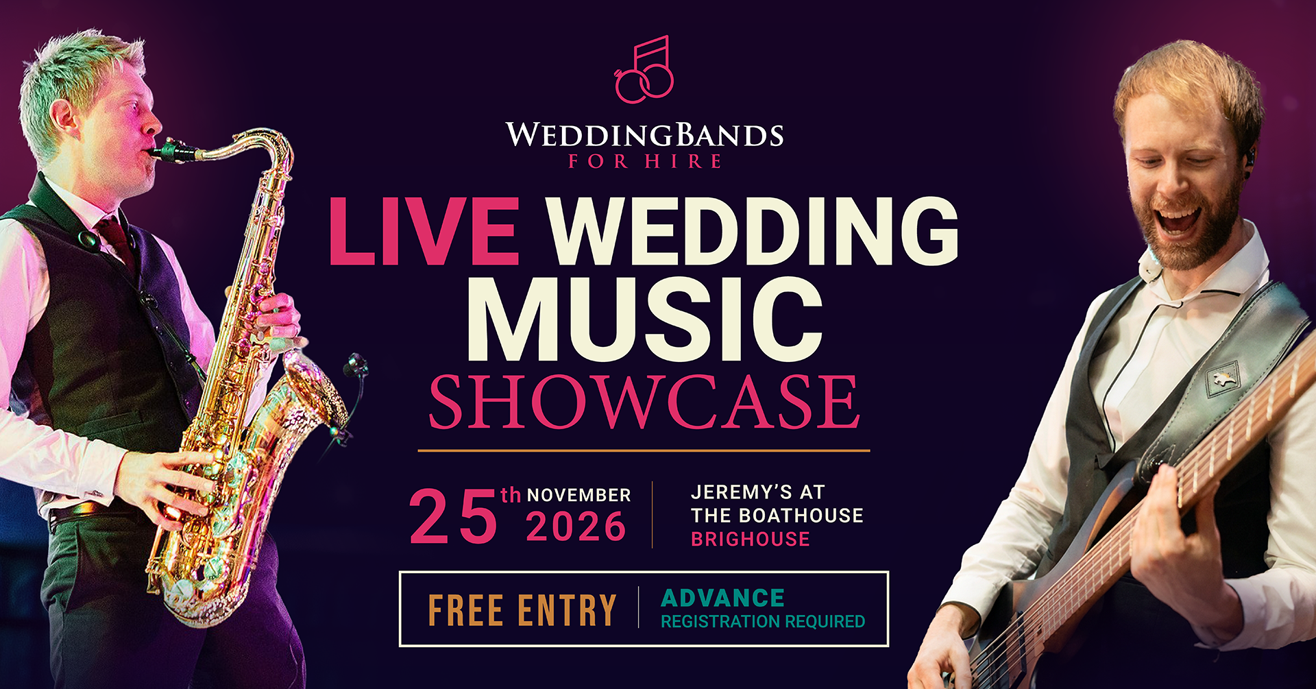Wedding Bands For Hire live wedding music showcase in Brighouse on 25 November 2026, featuring a saxophonist and bass guitarist